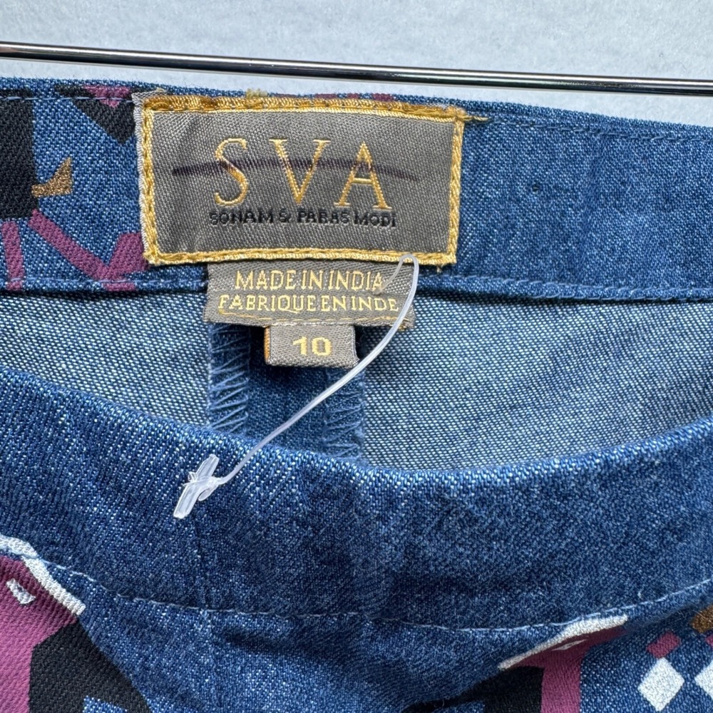 Anthropologie SVA Sonam Paras Modi Boho Bird Floral Blue Denim Pants Size 10 - Picture 6 of 16